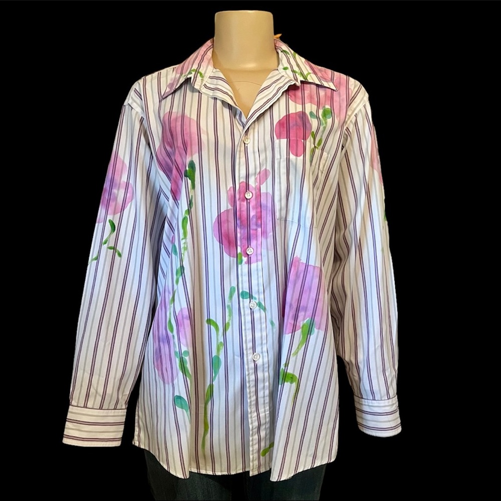 Vtg Custom Designed Watercolor Floral Pima Pinpoint Oxford Buttoned Blouse 16.5